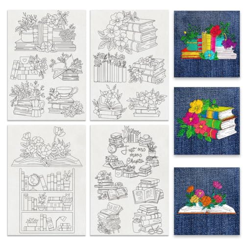 BENECREAT 4 Blätter Lernen Thema Wasserlösliche Stickerei, Bücher Pflanzen Blumen Selbstklebende Stickerei Transferpapier für Schnitte, Hemden, Mäntel, Taschen, Handtücher