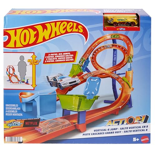 Hot Wheels - Trackset mit 1 Fahrzeug, Rennstrecke mit 8er-Kurve für Stunt- und Rennaction, lässt Sets verbinden und zur Aufbewahrung zusammenklappen, HMB15