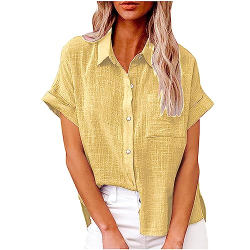 Bluse Damen Baumwolle Leinenbluse Einfarbig Blusenshirt Revers Shirts Kurzarm Tshirt Knöpfe Longbluse Einreihiges Hemd Sommer Tops V-Ausschnitt Hemdbluse Lose Oberteile Übergroße Langarm Damenblusen
