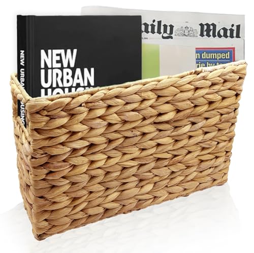 Nexboraque Handgewebter Zeitschriftenhalter Natur Zeitschriftenkorb Rack Wasserhyazinthe schmaler Korb Mülleimer 39,5 x 14,5 x 24 cm Zeitschriftenkorb Weidenkorb für Aufbewahrung Badezimmer Büro
