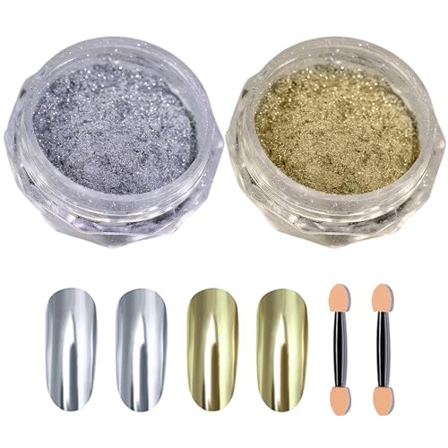 Chrome Nail Powder 2 PCS Pigment für Nägel Chrome Powder Nails Pigmente Nägel Spiegeleffekt Metallic-Chrom-Pudernägel Glitzernägel Pudernageldesign Chrompulver für Nagel-DIY