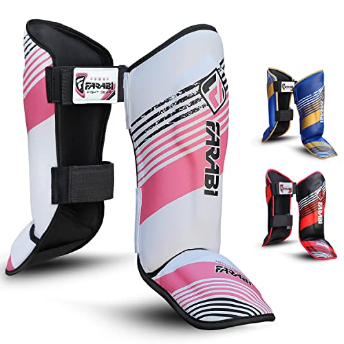 Farabi Sports schienbeinschoner Kickboxen Kinder Shin Instep MMA schienbeinschoner für Boxen, Muay Thai, Kickboxen, Karate, Taekwondo, Kampfkunsttraining (White/Pink)