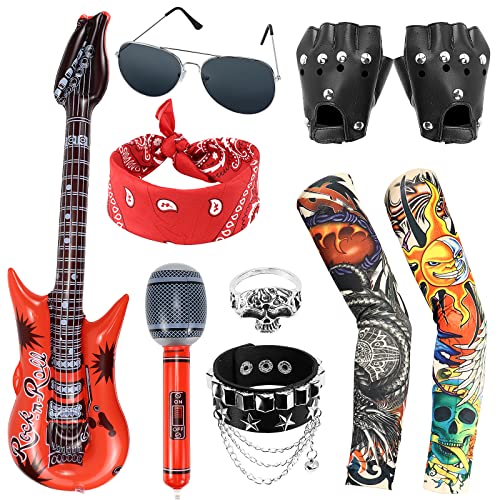 Dreamtop 10 Stück Punker Kostüm Zubehör Punk Gothic Rocker Kit Herren Rock Star Punker Kit 70s 80s 90s Schwermetall Disco Rocker Verkleidung Zubehör Aufblasbare Mikrofongitarre Rocker Kit Herren Damen