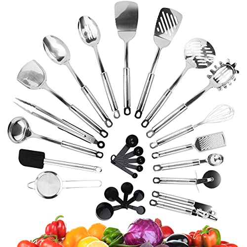 KRONENKRAFT® 26 teiliges Küchenset aus Edelstahl Küchenutensilien Set, Küchenzubehör, Kochset, Kochzubehör, Haushaltshelfer Set, Pfannenwender, Schneebesen uvm. aus rostfreien Stahl