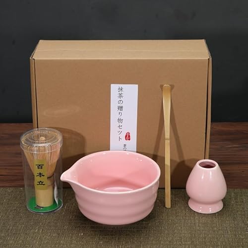 Matcha Whisk Set, 4 Stück,Matcha-Schale mit Ausgießer und Schneebesen, Matcha-Schaufel | Matcha-Schneebesen-Ständer (Chasen-Halter) - 4er-Set für die Matcha-Teezeremonie, (Rosa)