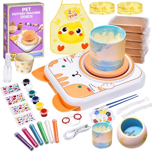 IEEILULU Töpferset für Kinder, Töpferscheibe Elektrisch für Kinder, Mini Töpferscheibe mit Töpferton, Farben, Diamant Aufkleber, Pottery Set DIY Töpfern Bastelset Geschenke Mädchen Jungen (Katzen)