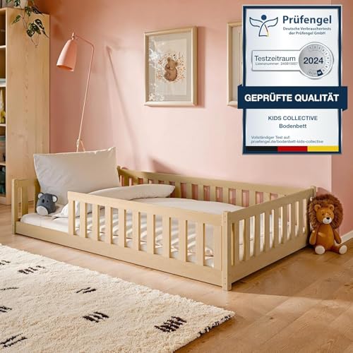 Kids Collective Kinderbett Bodenbett 120x200 cm mit Rausfallschutz & Lattenrost Montessori Bett Bed Gitterbett Kinder Jugendbett Einzelbett | Natur weitere Größen 80x160 | 90x200 | 140x200 cm