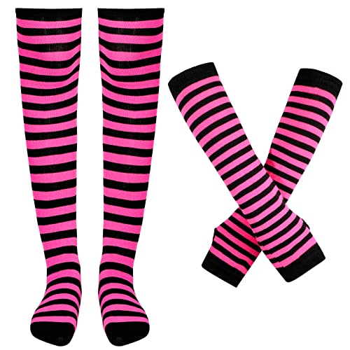 Blulu Armstulpen Beinlinge Frauen Gestreifte Oberschenkelhohe Socken Fingerlose Handschuhe