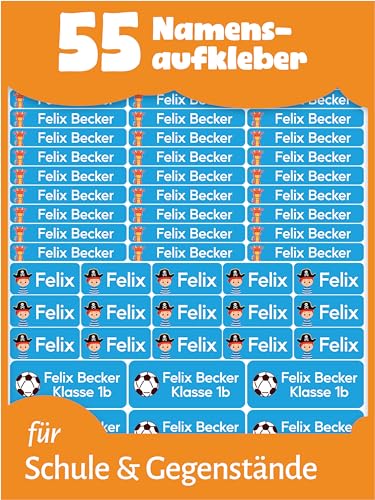 LabelTiger® Personalisierte Namensaufkleber im Set für Kinder in der Schule - 55 Stück, Aufkleber für Stifte und Schulsachen, Selbstklebend & Wasserfest - Blau