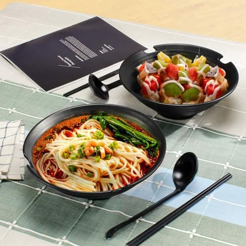 Lanbent 1000ml Suppenschüssel Kunststoffschale, 2-teilige japanische Lamian Nudeln Schüssel Set, mit Stäbchen und Löffel, Küche, Restaurant, Hotel Geschirr für Salat, Reis, Dessert, Pasta, schwarz