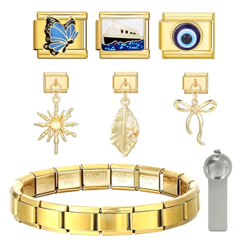 arrderly Italian Charms Bracelet Gold, 6 Italian Charms Gold Charm Bracelet Set, DIY 9mm Abnehmbar Module für Italienische Armbänder, Italian Style Charms für Damen