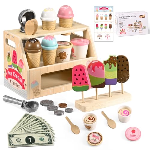 Eisladen Kinder Holz,44-teilig,Kinderküche Zubehör ab 3 Jahre, Holzspielzeug Spielküche Zubehör, Eisladen Kinder Holz Einkaufsladen, für das Eisdielen-Rollenspiel , Spielgeld inklusive