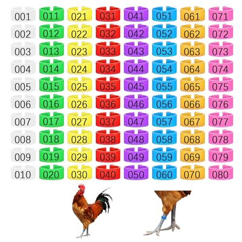 Aeaocvo Hühnerringe 80 Stück Hühnchen Identifikation Beine Ringe, 16mm Mehrfarbige Hähnchen Beinbänder, Nummerierter Clip für Hühner, Enten, Hühnchen, Goose