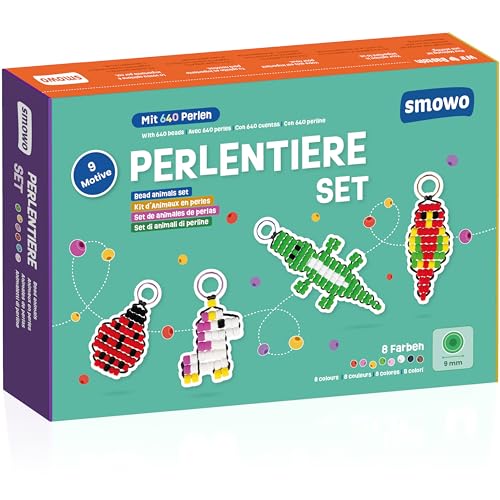 Smowo® Perlentiere Bastelset mit Perlen für 9 Schlüsselanhänger Tiere – Bastelbox für Kinder zum Basteln und Fädeln