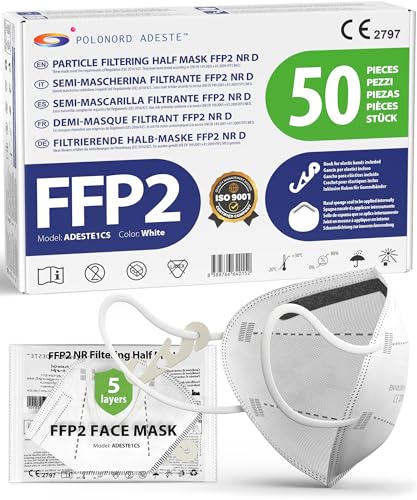 ADESTE – 50x FFP2 Maske, Hygienische 5-lagige Staubschutzmaske, EN149:2001+A1:2009 Mundschutzmaske EU2016/425, Weiß, Atemschutzmaske, Einzelne versiegelte Beutel