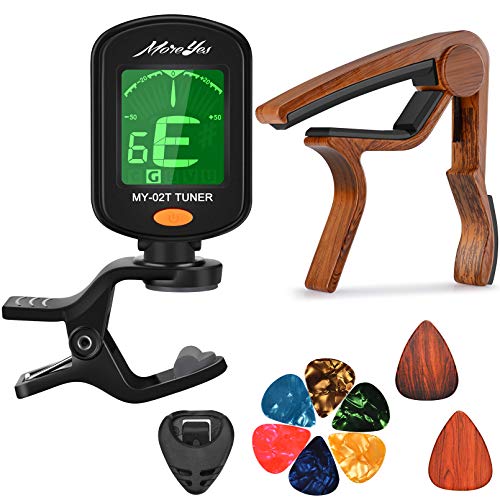 MOREYES Kapodaster für Akustikgitarre, Ukulele, E-Gitarre, Bass mit holzfarbenen Gitarrenplektren Tuner Kapodaster