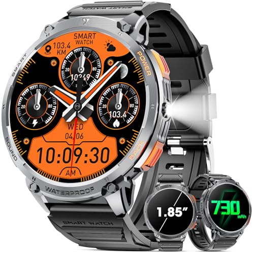 mingwear Smartwatch Herren 1,85“ HD Touchscreen 730mAh Lange Akkulaufzeit Smart Watch Herren mit LED-Taschenlampe für Android iOS （Bluetooth Anrufannahme/Anrufe） Fitness Tracker mit 100+ Sportarten