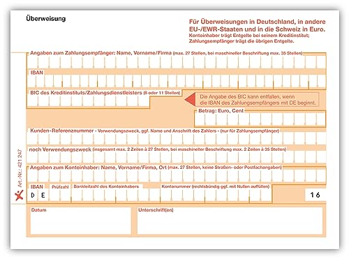 Litfax SEPA Überweisungsträger, 100 Stück - DIN A6, 1-fach ohne Durchschlag, einzeln 90g Beleglesepapier - Bankneutral für Überweisungen in Deutschland