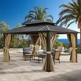 YITAHOME 3 x 3,65 m verzinktes Eisen-Baldachin mit Netz und schattigen Vorhängen, Outdoor-Zelt mit 2 Etagen, Hardtop Aluminium-Rahmen, Gartenzelt für Terrasse, Hinterhof, Deck und Rasen