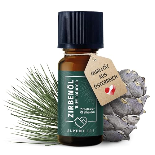 ALPEN HERZ Zirbenöl 10 ml - 100% naturrein, ätherisches Zirbelkieferöl aus Österreich für Duftöl Raumduft Duftlampe Zirbenwürfel Diffuser Zirbe Lufterfrischer Zirbelkiefer Öl Geschenke