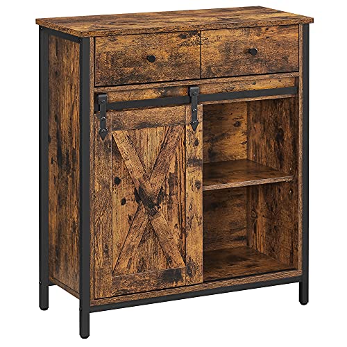VASAGLE Sideboard, KÜchenschrank, Aufbewahrungsschrank, mit SchiebetÜr, 30 x 70 x 80 cm, verstellbare Ablage, Landhausstil, fÜr Wohnzimmer, vintagebraun-schwarz LSC100B01