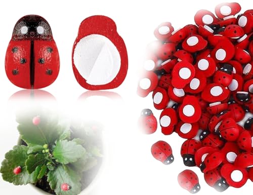 Lhbwhiz 100 Stücke Mini MarienkäFer,Kuscheltier GlüCkskäFer,Selbstklebende Ladybug Verzierungen,Holz Ladybird,für DIY Handwerk Party Dekoration Scrapbooking Bastelarbeiten(Rot,8 * 11mm)