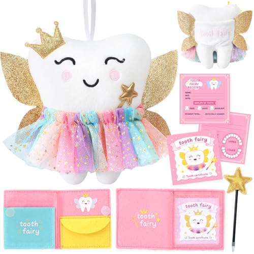vamei zahnfee geschenke mädchen, Zahnfee-Puppe mit glänzenden Flügeln Zahn-Notizblock Filz Andenken Brieftasche, Besticktes Zahnfee-Kissen mit Tasche, Zahnfee Souvenir für Kinder