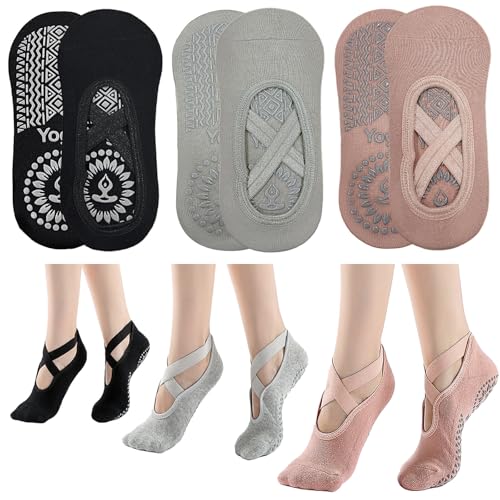 KEYRI 3 Paar Yoga Pilates Socke Rutschfeste Socken für Frauen Mädchen, Grippige Socken BodenSocke Anti-Rutsch Griffe Riemen, Einheitsgröße Atmungsaktive Socken für Fitness Ballett