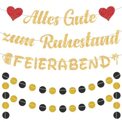 Rente Deko Ruhestand Girlande Set - 3 Stück Abschied Party Dekoration Alles Gute zum Ruhestand Banner, Glitzer Feierabend Garlande für Abschiedsfeier Renteneintritt Frauen Männer (Schwarz Gold)