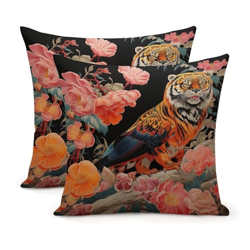 Yelolyio Kissenbezug mit Tiermotiv, Tiger, gestreift, bunt, Chinoiserie, dekorativer Lendenkissenbezug, Leinenkissen für Wohnzimmer, Schlafzimmer, Sofa, Couch, 45,7 x 45,7 cm, 2 Stück
