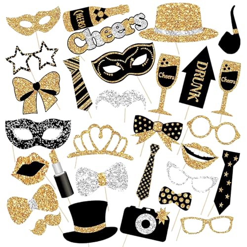 30 Stück Party Foto Requisiten Set, Fotoautomat Requisiten für Hochzeit, Abschlussball, Halloween, Weihnachtsparty,Party, mit Hut Krawatte Lippenstift Dekoration(Schwarz Gold)