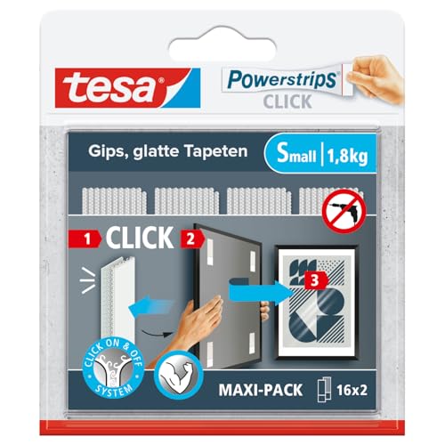 tesa Powerstrips CLICK - Klett-Klebepads zum An- und Abklicken von Bilderrahmen und Wanddekorationen ohne Bohren - selbstklebende Klettband-Strips mit ON und OFF Click-System - Small - 16 x 2 Stück