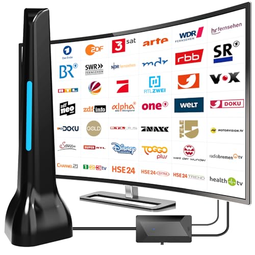 DVBT2 Antenne, 2025 zimmerantenne DVB-T & DVB-T2 Antennen mit Verstärker, Großer Reichweite und 360° Empfang, Zimmerantenne für Fernseher mit Starkem Magnetfuß, Geeignet für 4K 1080p & Alle TV-Geräte