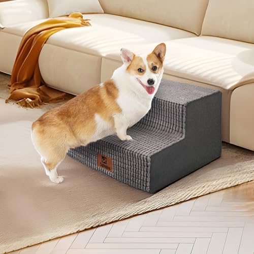 Sytopia Hundetreppe für Kleine Hunde 2 Stufen, Hundetreppe für Bett Sofa 40cm Hoch, Haustiertreppe waschbar, Schaumstoff Treppe, für verletzte ältere Hunde (34cm Höhe, Grau)