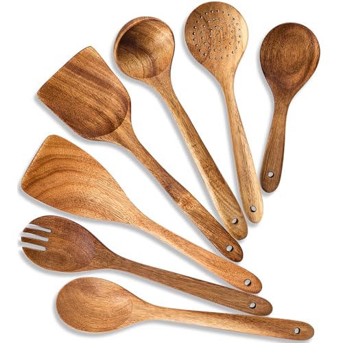 Küchenutensilien Set, 7-teilig Akazienholz Löffel zum Kochen enthält Spatel, Suppenschöpfer, Servierlöffel, Siebschaufel, Salatgabel, Antihaft Holz Küche Essentials Zubehör