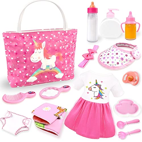 Baby Puppe Zubehör -Babypuppe Fütterung und Pflege Set mit Windel Puppenwickeltasche Flaschen für Mädchen Spielzeug Geschenk, Puppenzubehör Puppenkleidung passen 14-16 Zoll 18 Zoll und 43 cm Puppe