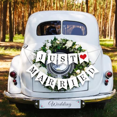 Just Married Girlande Hochzeit Deko Banner Hängende Hochzeitsgirlande Dekoration Party Geschenkidee zur Brautdusche Junggesellinnenabschied Foto Hintergrund Hängedeko Zeremonie (Just Married)