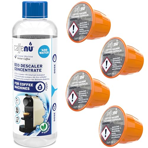 Caffenu Nespresso Original kompatibles Reinigungs-Set | 2x Flüssig Entkalker | 4x Reinigungskapseln | Verhindert Maschinenausfälle | Natürliche Formel | Für perfekten Kaffeegenuss | 4-Monats-Packung