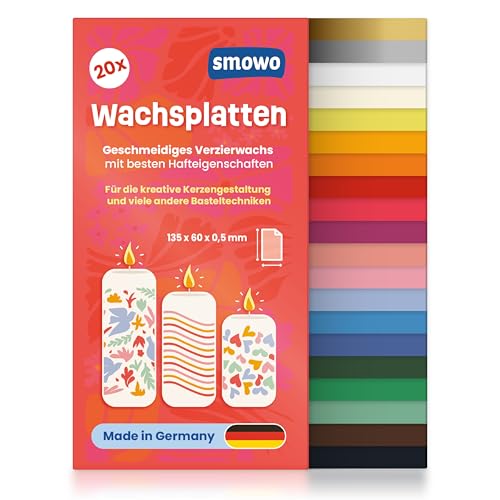 Smowo® 20 Wachsplatten zum Verzieren und Gestalten von Kerzen - Ideal für Kommunion, Taufe und Basteln - Kerzenwachs Platten Set für DIY Kerzenkunst