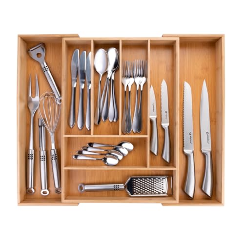 alpina Ausziehbarer Besteckkasten - 46 x 34-56.5 x 6 CM - 6 bis 8 Fächer - Ökologisches Bambusmaterial, Silber