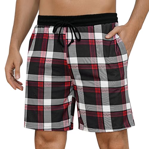 Marvmys Herren Schlafanzughose Kurze Kariert Pyjamahose Shorty Sommer Nachtwäsche Schlafshorts mit Taschen Stil A XL