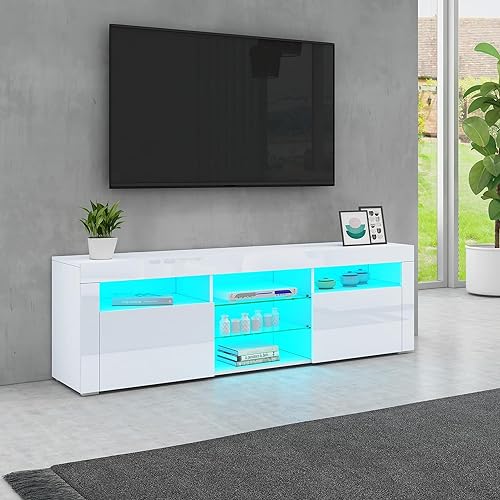 BESTWABTED LED-TV-Schrank Moderner Hochglanz-TV-Schrank mit 2 Türen, 2 Schubladen und offenen Regalen, Sideboard für Schlafzimmer, Wohnzimmer, Wohnmöbel (Weiß)