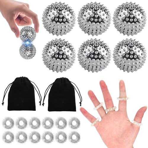 6 Igelball Massageball & 12 Akkupressurringe, Magnetische Igelbälle, Skills Borderline Set, Akupressur Ringe Set, Akupressurring Finger Massageringe für Fingermassagering, Igelball für Stress Relief
