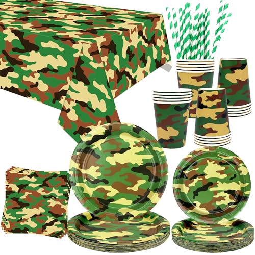 Camo Partyzubehör – Armee-Partygeschirr – Speiseteller, Desserts, Teller, Becher, Servietten, Tischdecke, Strohhalme für Jungen, Tarnungen, Jagd, Militär-Partyzubehör, 20 Stück