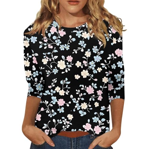 Angebote Damen Unter 20 Euro,Shirt Langarm Damen Damen Pullover Elegant Damen Bluse Mit Blumenmuster,Lässige 3/4 Ärmel Weiches Material Für Frühling Und Sommer （Schwarz，XL）