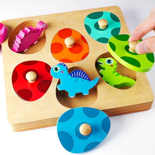 KmmiFF Holzspielzeug ab 1 Jahr, Holzpuzzle Dino Eier Holzspielzeug, Greifpuzzle Motorikspielzeug Sortierspiel Geburztag Ostern Geschenk für Mädchen Jungen Kinder