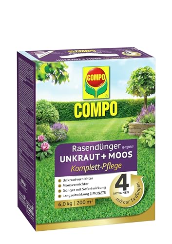COMPO Rasendünger gegen Unkraut + Moos Komplett-Pflege - optimale Nährstoffversirgung - 3 Monate Langzeitwirkung - gegen Moos und Unkraut - 6 kg für 200 m²