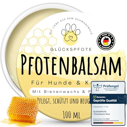 GLÜCKSPFOTE Pfotenbalsam 100ml für Hund Katze [Testsieger] | Verbesserte Rezeptur - mehr Bienenwachs - gegen trockene rissige Pfoten | Pfotenpflege als Pfotenschutz f. Sommer Winter f. Hunde Katzen