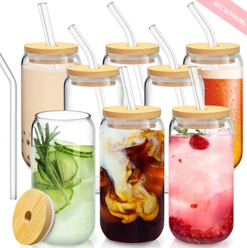 JMIATRY 8er Set 500ML Trinkglas mit Deckel, Gläser mit Deckel Und Strohhalm, Glasbecher mit Deckel Und Strohhalm für Coffee, Wasser, Bier, Cocktails, Soda, Eistee, Smoothies