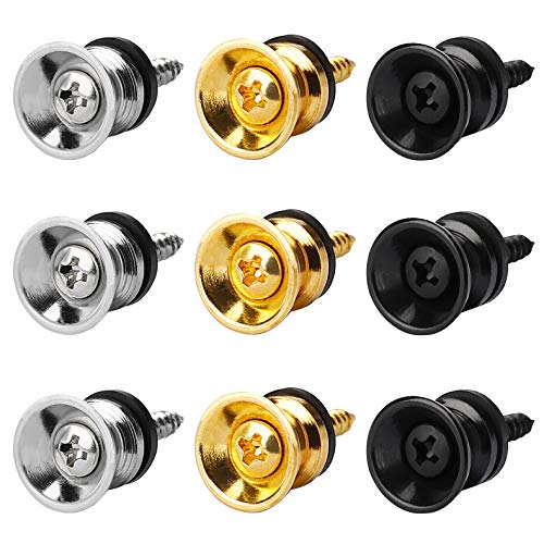 MengH-SHOP Gitarrengurt Knöpfe Metall Gitarrengurt Endknopf mit Befestigungsschrauben und Gummi Kissen für Klassische Elektrische Akustik Gitarre Bass Ukulele 9 Pack (Gold, Silber, Schwarz)